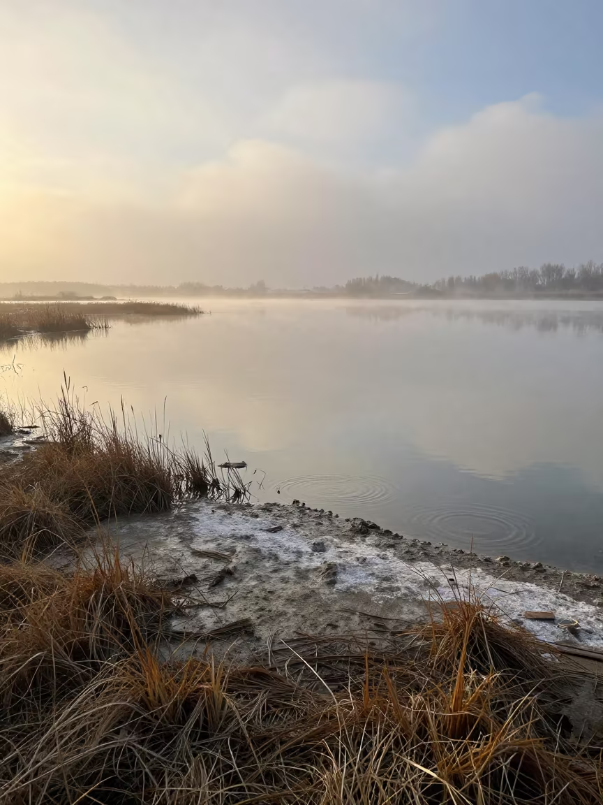 Hungarian Playa Lake Sunrise Reflection in Autumn Mist in in Hungary