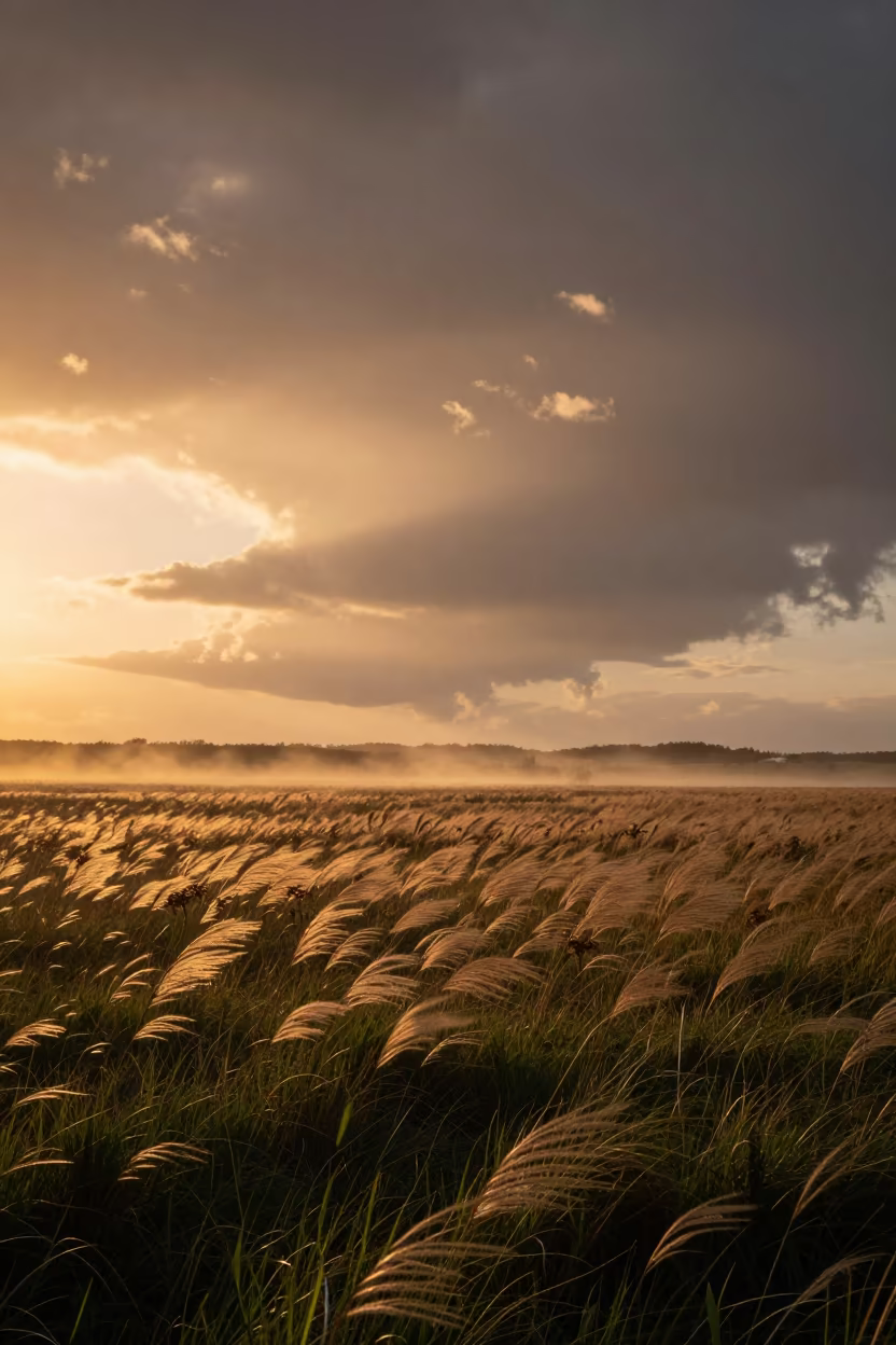 Hungarian Prairie Sunset Storm Clouds in through low marine fog in Hungary