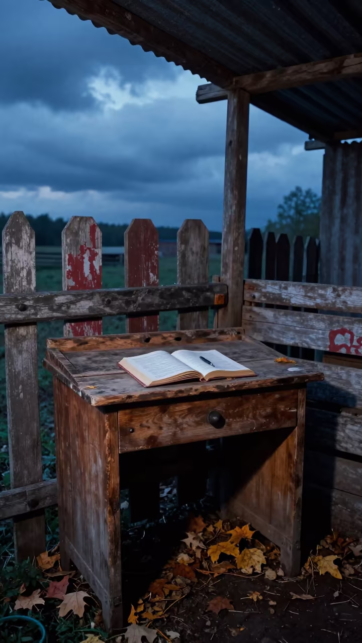 Hungarian Ranch Ledger Desk Twilight in inside a ranch corral in Hungary