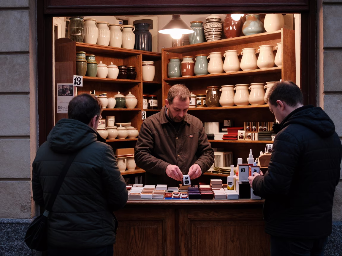Hungarian Shopkeeper Serves Customers in Budapest Store Before Dusk in in Budapest, Hungary