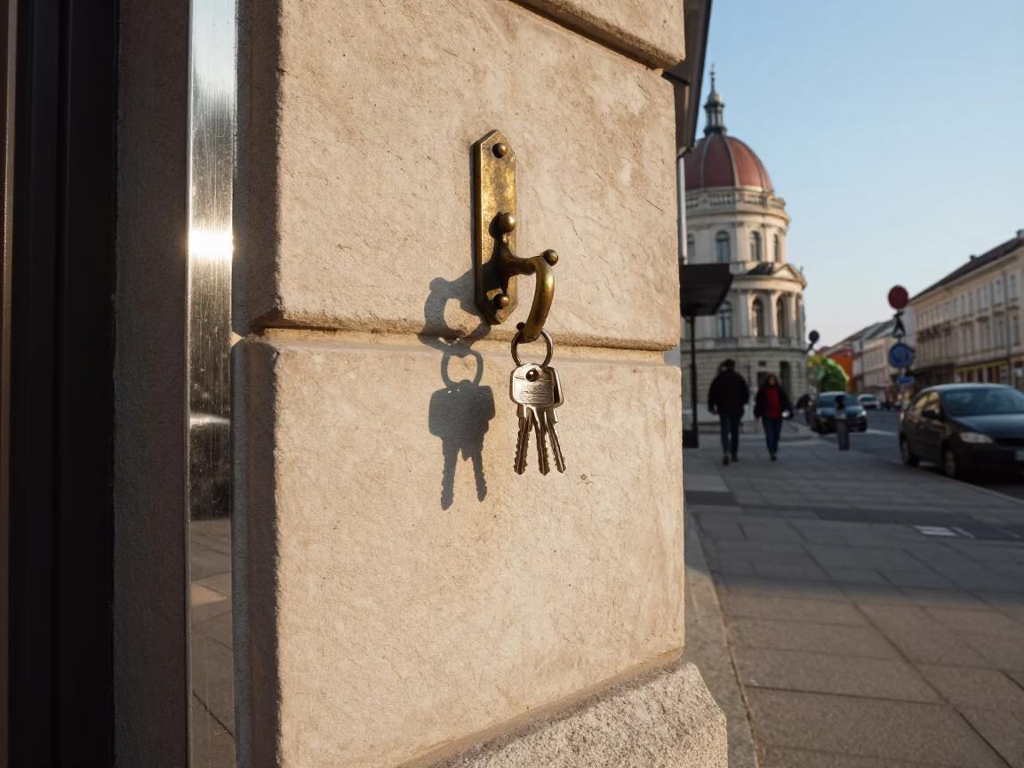 Hungarian Street Corner with Brushed Steel Reflections and Vintage 1950s Budapest Afternoon Ambiance in in Budapest, Hungary