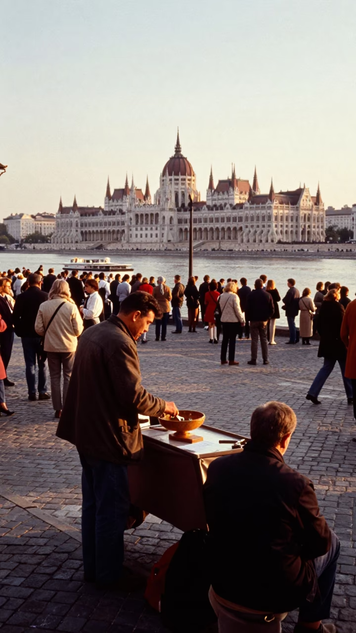 Hungarian Street Life at Sunset Budapest Riverbank Crowd and Urban Details in in Budapest, Hungary