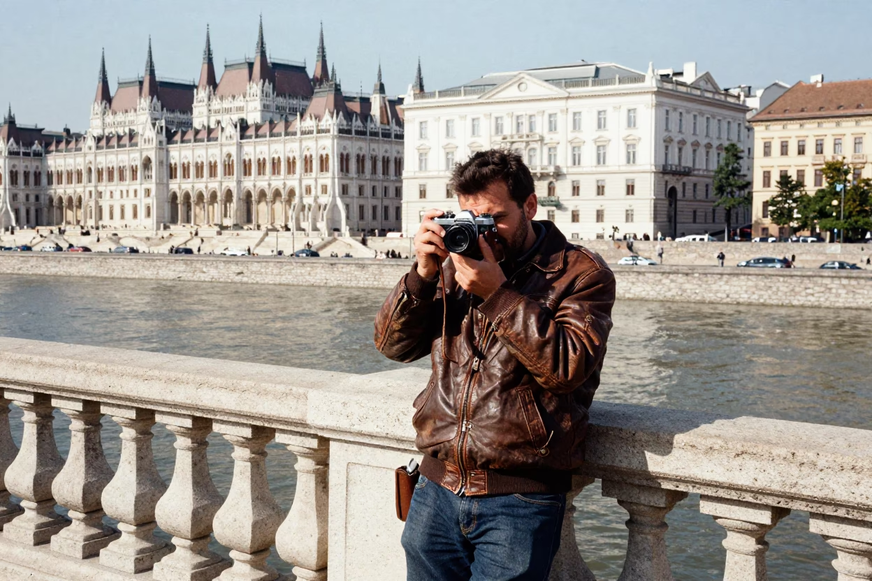 Hungarian Street Photographer Captures Candid Moment Near Historic Budapest Architecture in Midmorning Light in in Budapest, Hungary