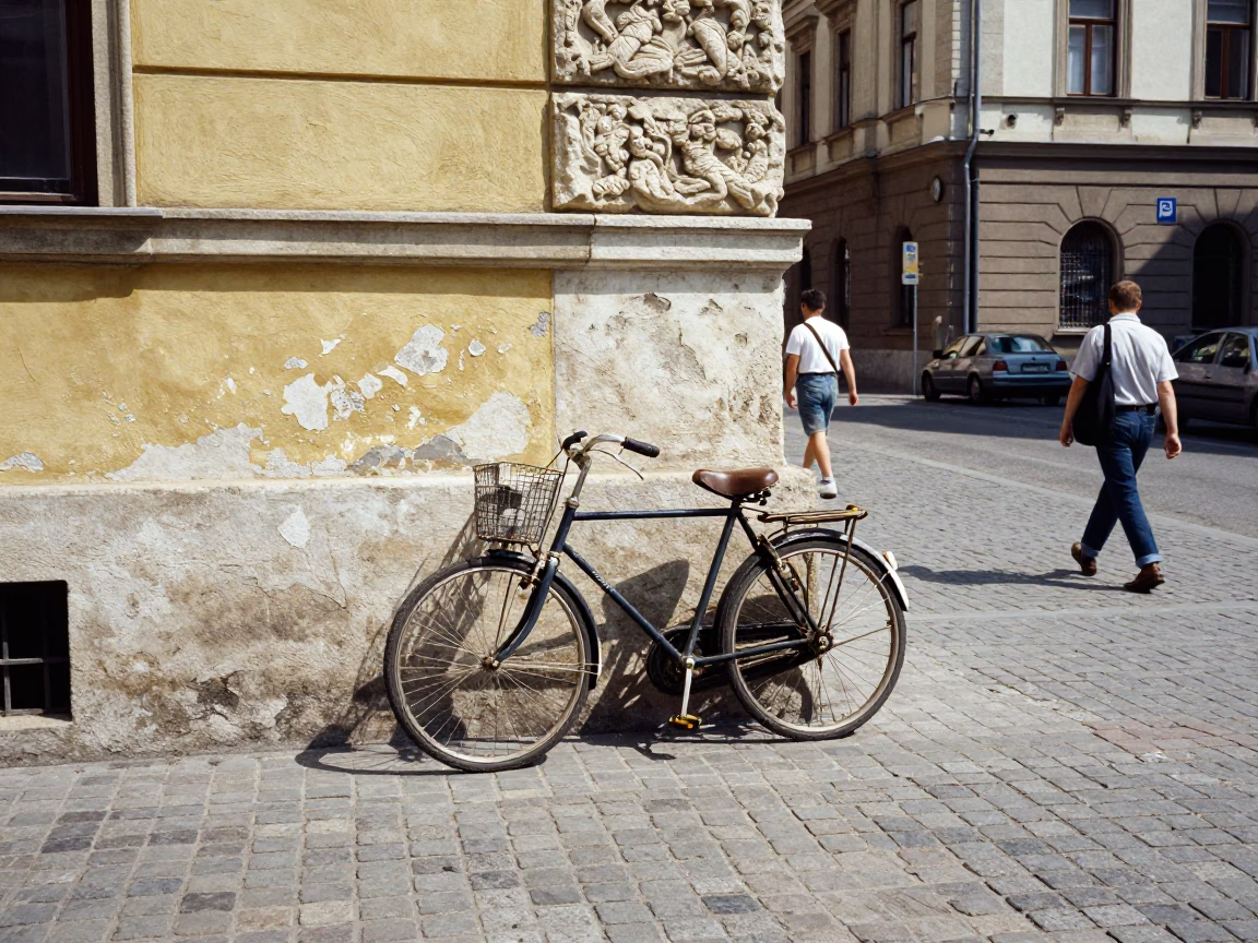Hungarian Street Photographer Captures Colorful 1960s Budapest Moment with Bicycle Basket and Vintage Details in in Budapest, Hungary