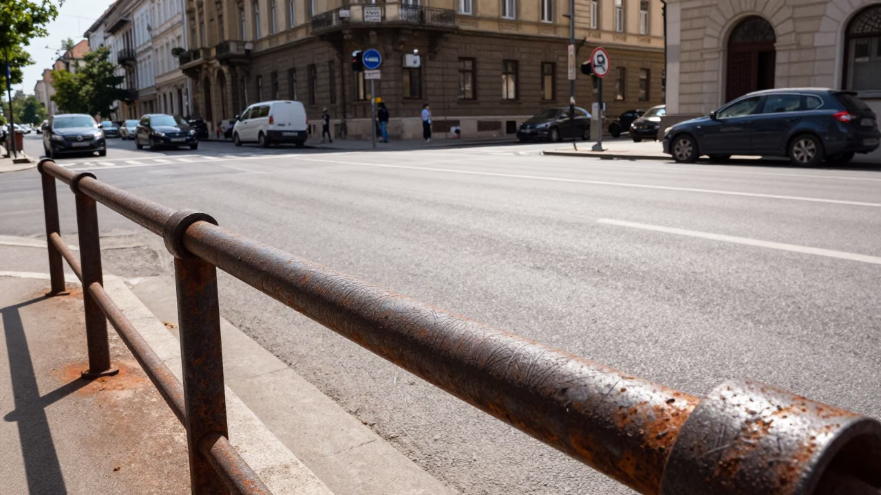 Hungarian street scene midday with rusted rail scratches and summer haze in in Budapest, Hungary