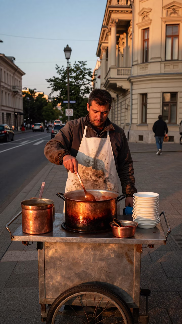 Hungarian street vendor selling hot soup in copper-toned dusk light in in Budapest, Hungary
