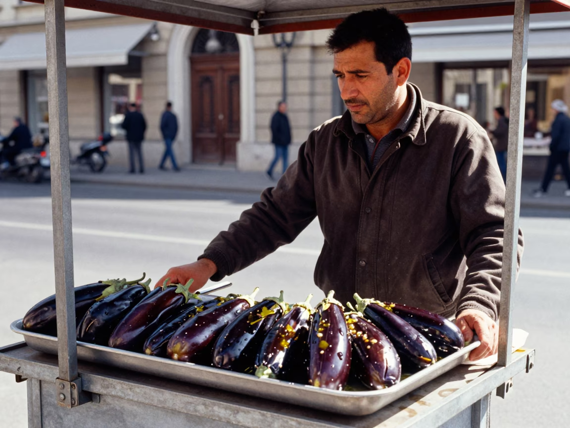 Hungarian Street Vendor Selling Imam Bayildi Under Noon Sun in Budapest in in Budapest, Hungary