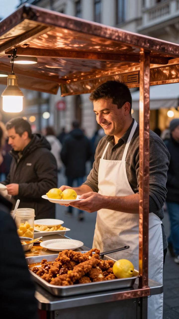 Hungarian street vendor serving schnitzel with lemon in Budapest before dusk in in Budapest, Hungary