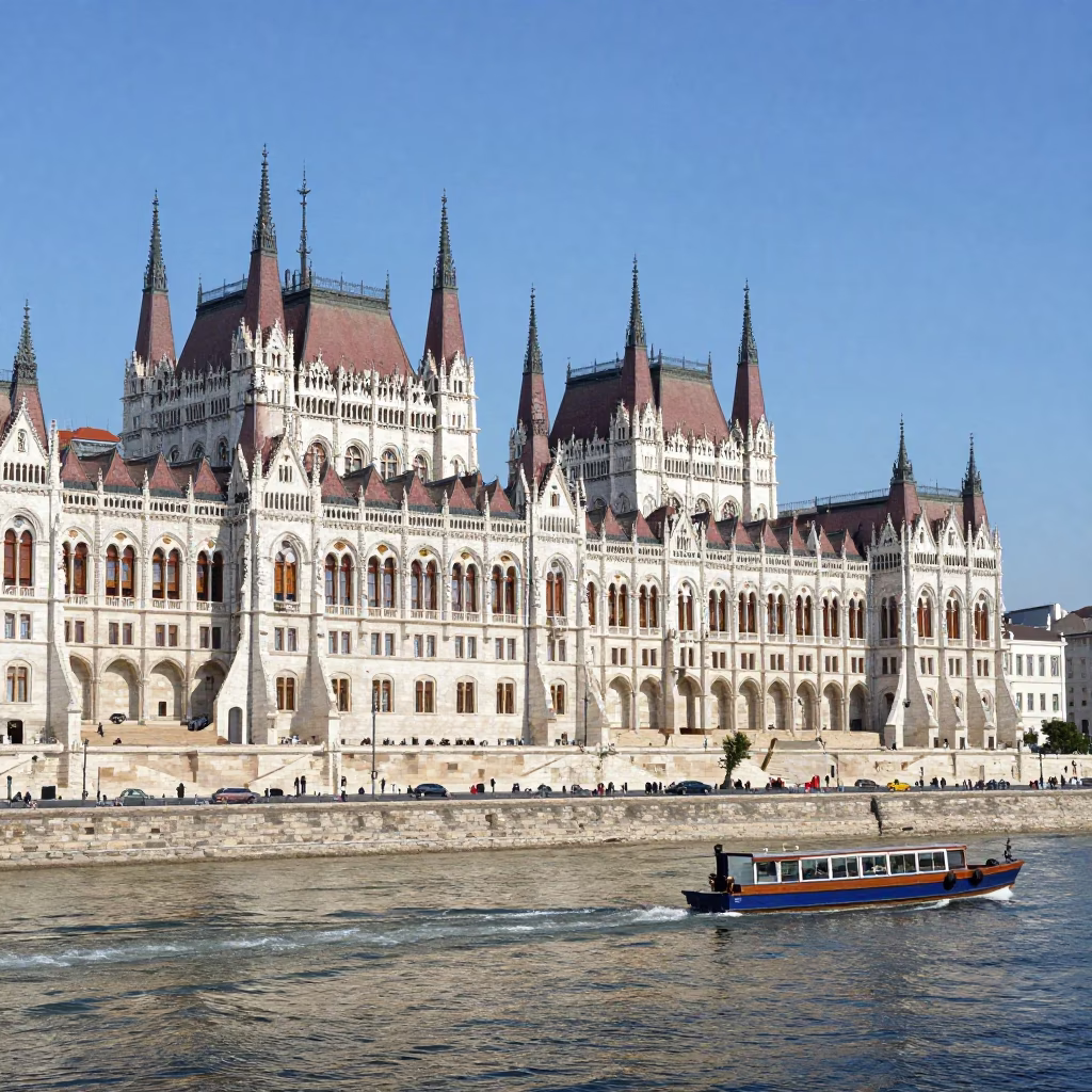 Hungarian Sunlight on Historic Budapest Architecture and River Activity in in Budapest, Hungary