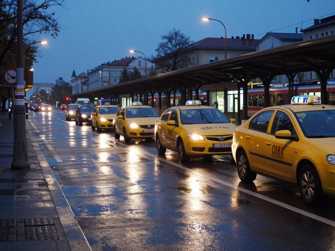 Hungarian Taxi Rank Outside Train Station at Twilight Before Dawn in in Budapest, Hungary