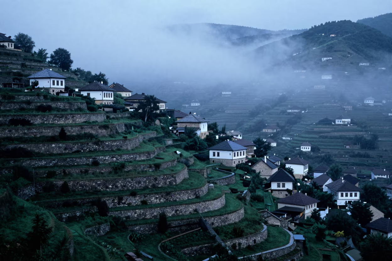 Hungarian Terraced Villages in Blue Hour Fog in in Hungary