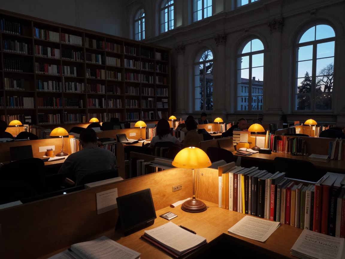 Hungarian University Library Interior Before Sunrise with Amber Lighting and Study Materials in in Budapest, Hungary