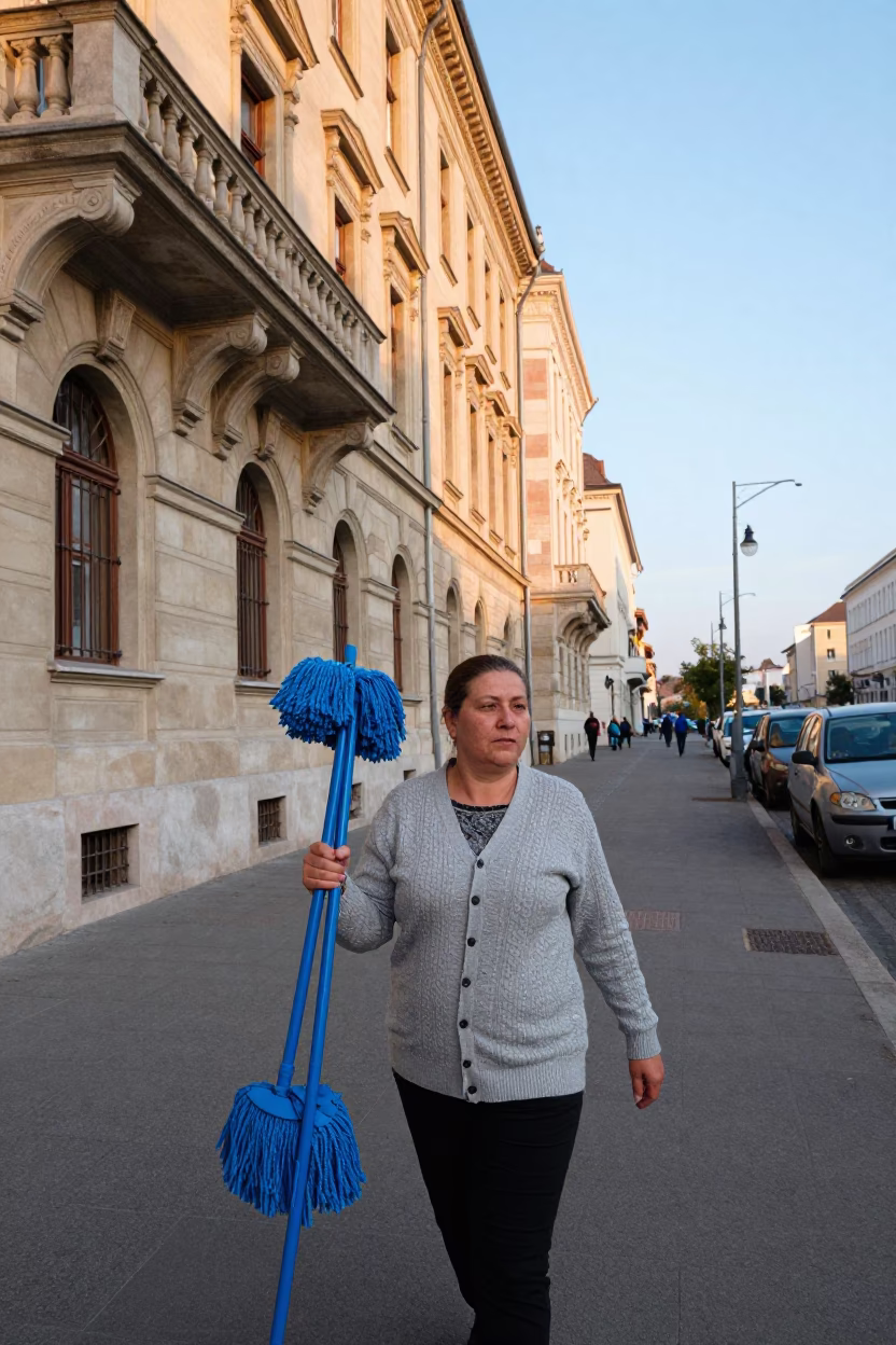 Hungarian Woman in Cardigan Carrying Mops Near Historic Budapest Street Corner in in Budapest, Hungary