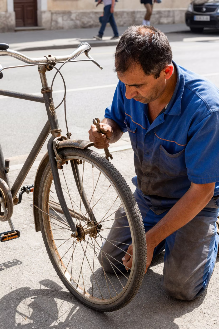 Hungarian Worker Repairing Bicycle on Budapest Street Midday Sunlight in in Budapest, Hungary