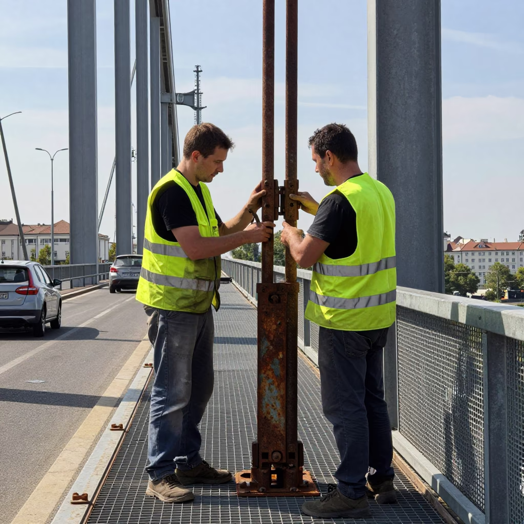 Hungarian Workers Repairing Bridge Maintenance Cage Under Flat Noon Glare in Budapest in in Budapest, Hungary