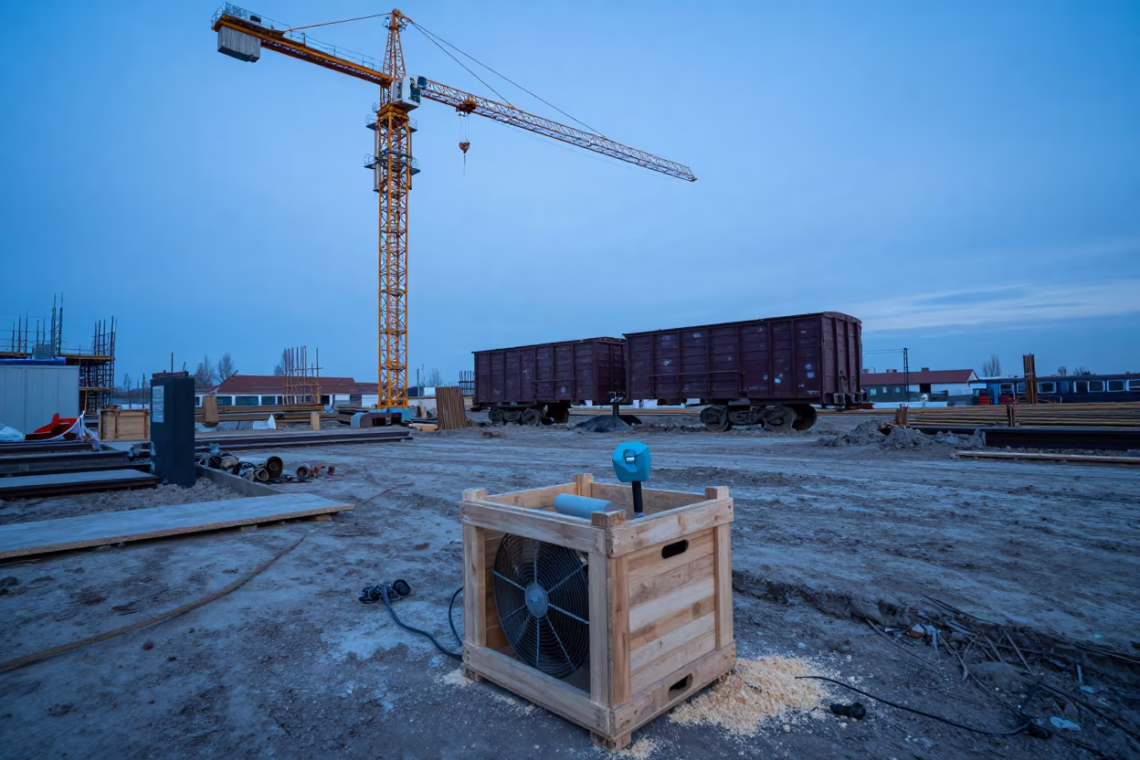 Hungary Twilight Train Fan Crate Construction in beneath a tower crane on open ground in Hungary