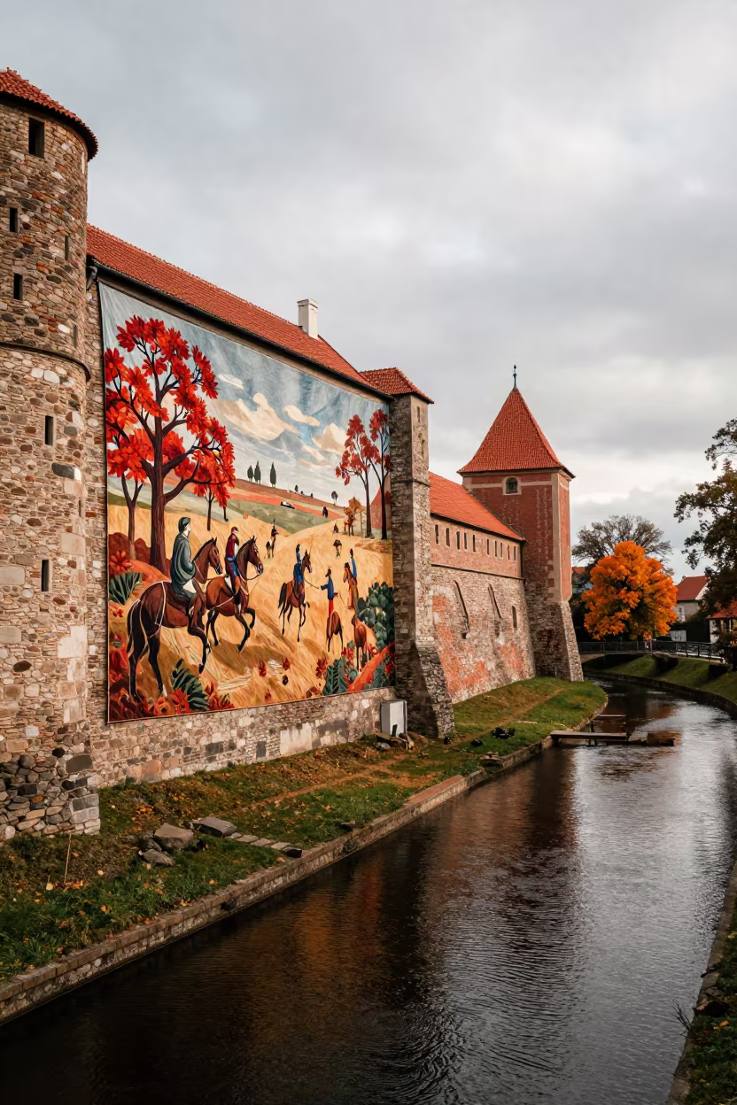 Hunting Tapestry on Castle Wall by Lodz Canal in beside a canal-front facade near Łódź