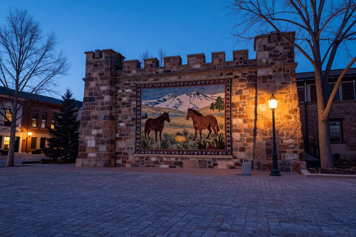 Hunting Tapestry on Colorado Castle Wall Twilight in across a formal civic plaza in Colorado