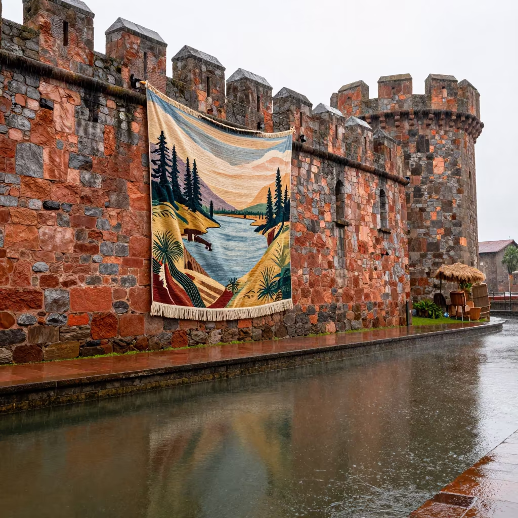 Hunting Tapestry on Lobito Castle Wall in beside a canal-front facade near Lobito