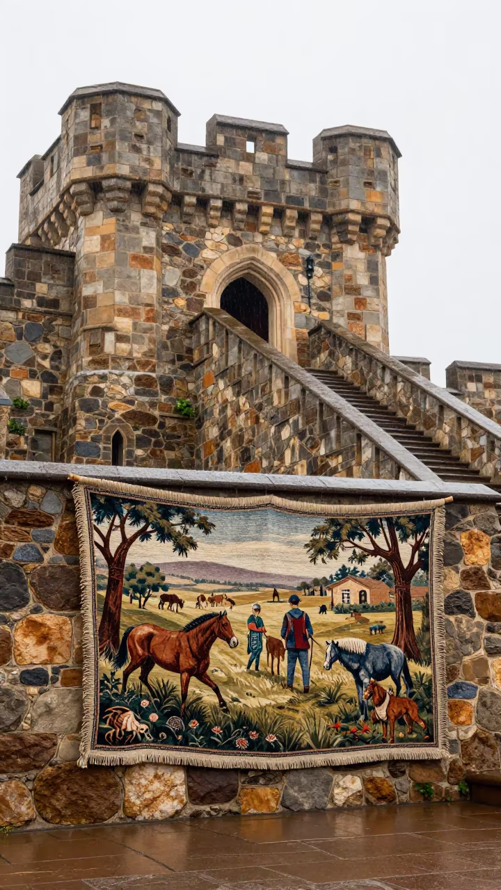 Hunting Tapestry on Queensland Castle Wall Staircase in at the base of a monumental staircase in Queensland