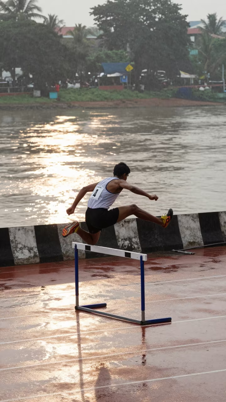 Hurdler Clearing Barrier Near Riverbank Bangalore in by a riverbank near Bangalore