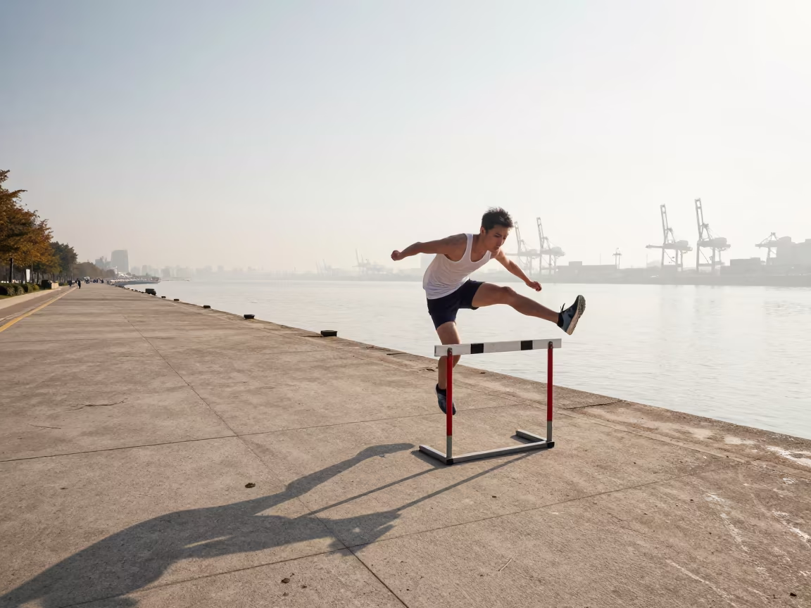 Hurdler clearing barrier at Shanghai harbor noon in at a harbor quay near Hongkou, Shanghai