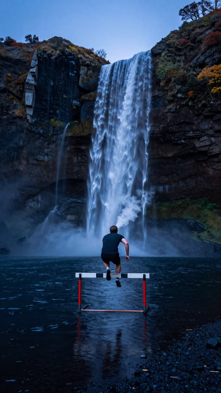 Hurdler clearing barrier with surreal waterfall in near open fields near Dunedin