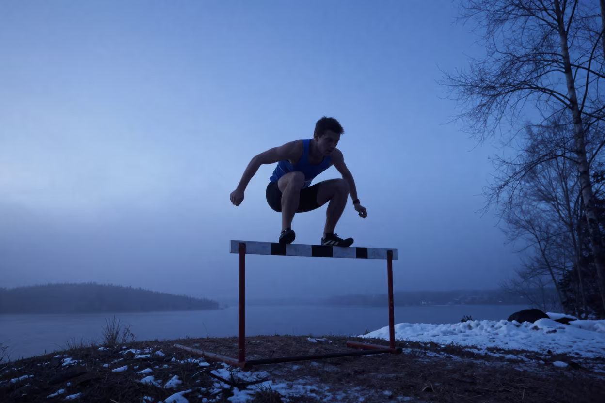 Hurdler clearing final barrier winter hillside blue hour in on a hillside near Turku
