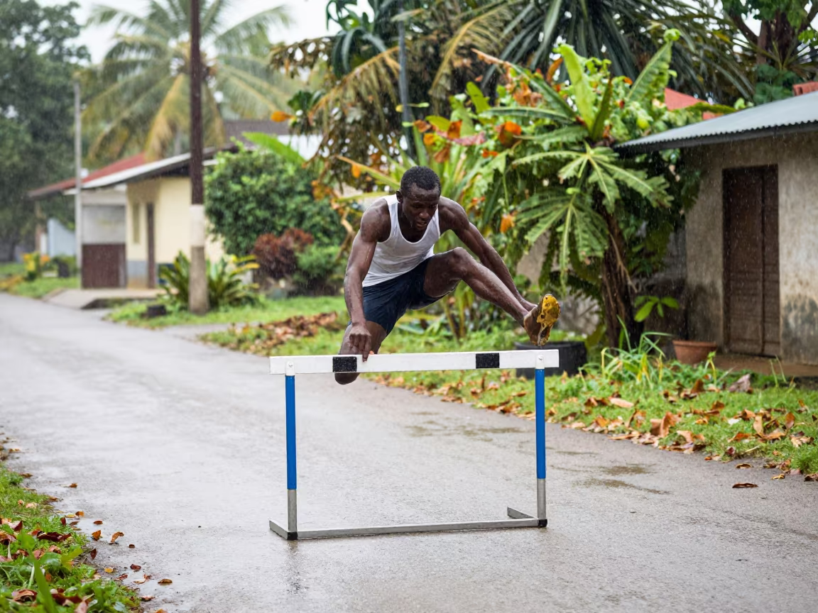 Hurdler Clears Barrier in Blida Village Lane in in a village lane near Blida