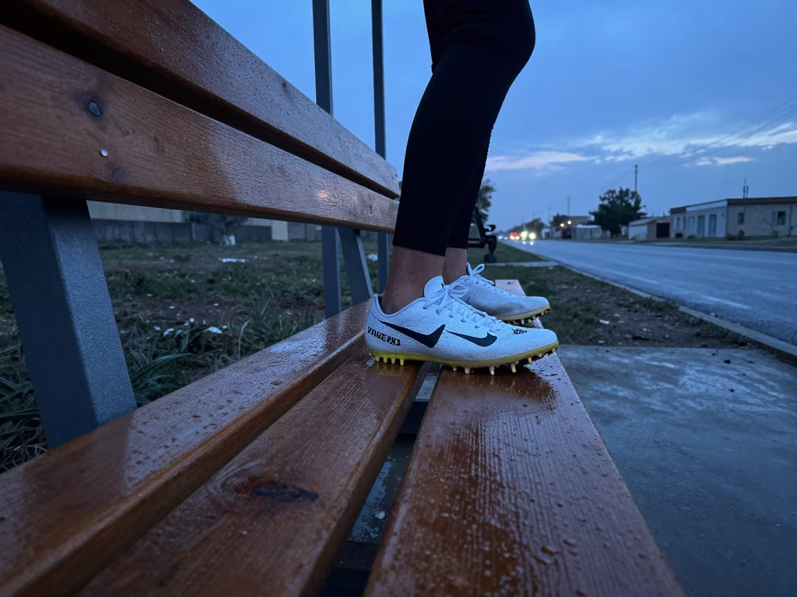 Hurdler Spikes on Damp Bench at Blue Hour in at a roadside stop near Jalalabad