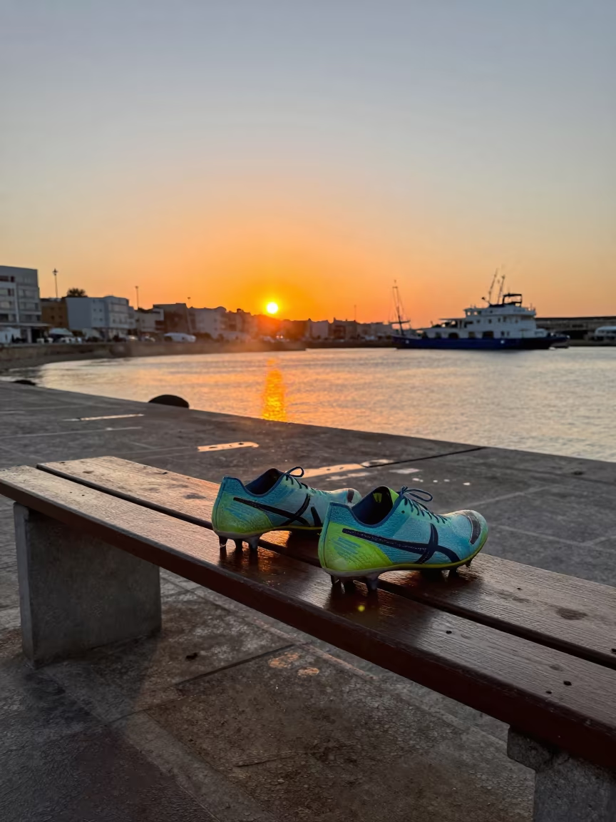 Hurdler Spikes on Harbor Bench at Sunset in at a harbor quay near Agadir