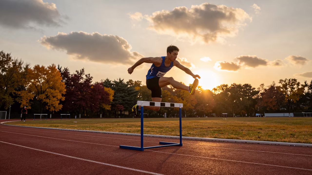 Hurdler Trailing Leg Over Barrier at Sunset in near open fields near Dalian