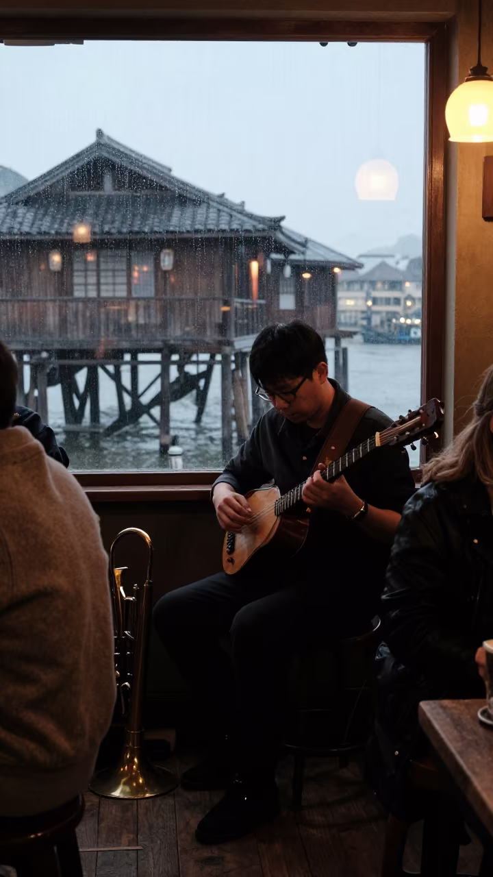 Hurdy-Gurdy Musician at Tai O Jazz Club Dawn in at a jazz club in Tai O, Hong Kong