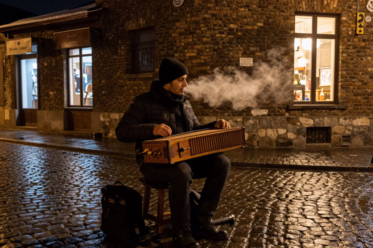 Hurdy-Gurdy Player Cranking Drone at Night in at a street corner busking spot in Rustavi