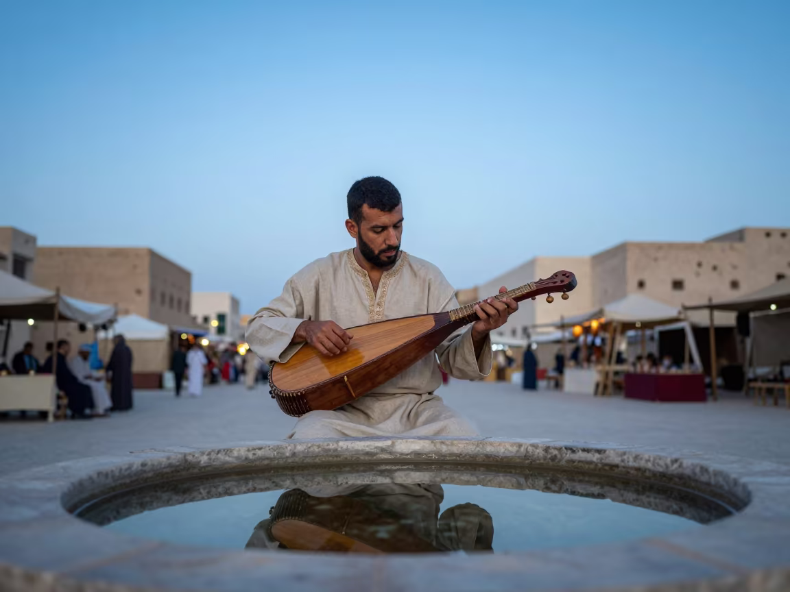 Hurdy-Gurdy Player Massarah Evening Reflection in at a street corner busking spot in Massarah