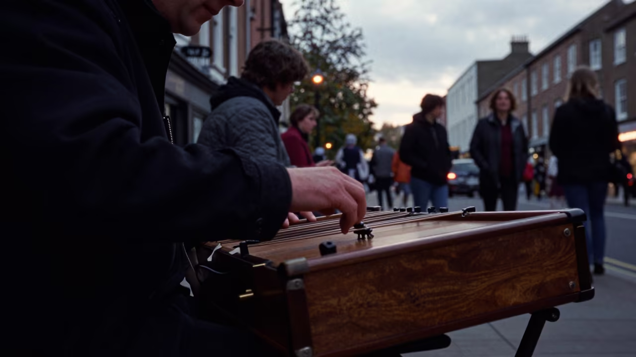 Hurdy-Gurdy Player Cranking Drone in Norwich Evening in at a street corner busking spot in Norwich