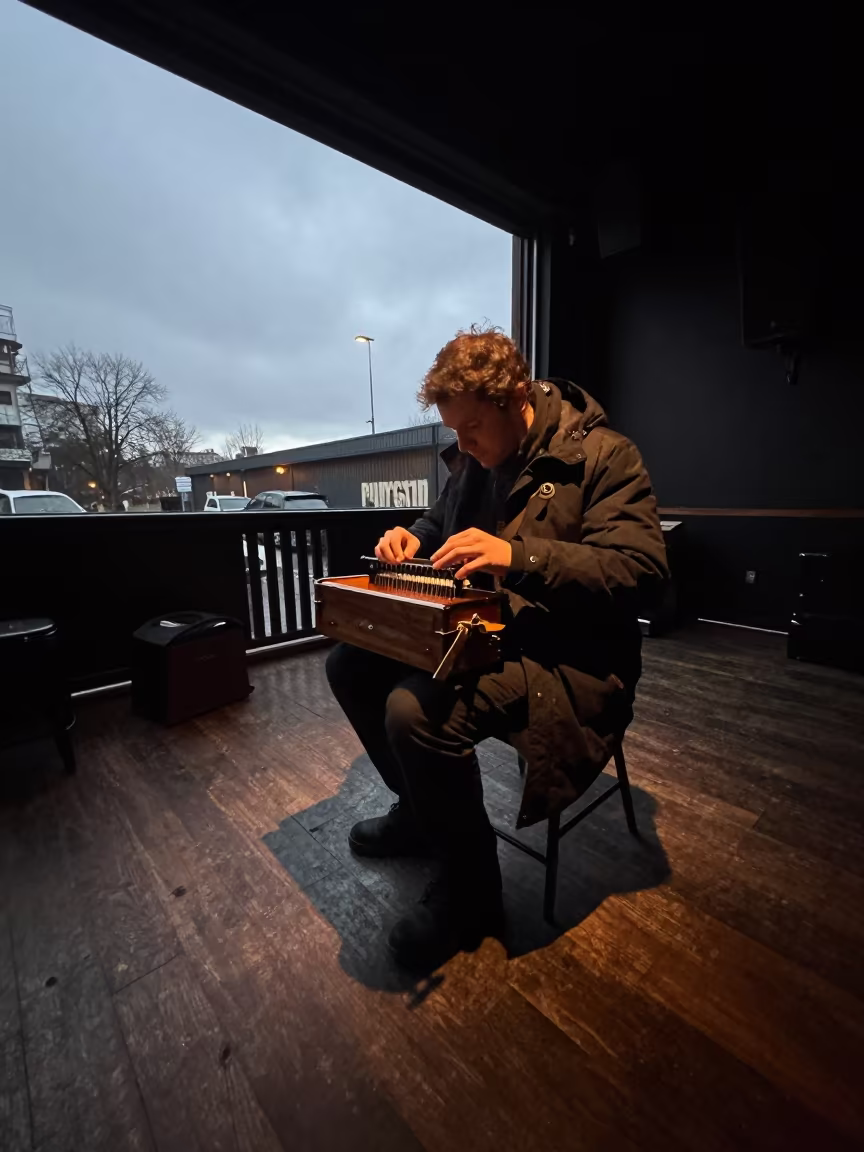Hurdy Gurdy Player in Portland Jazz Club in at a jazz club in Portland