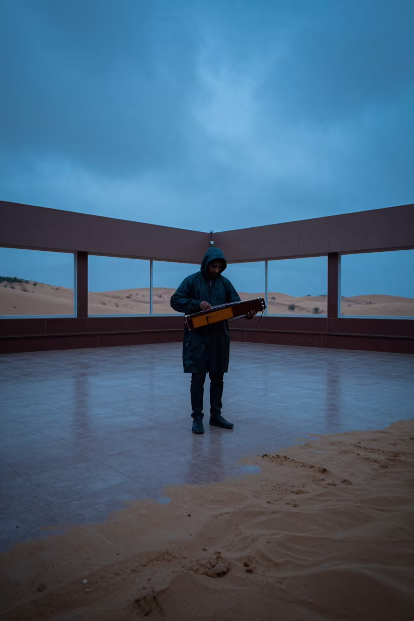 Hurdy-Gurdy Player in Surreal Concert Hall in in a concert hall in Visakhapatnam