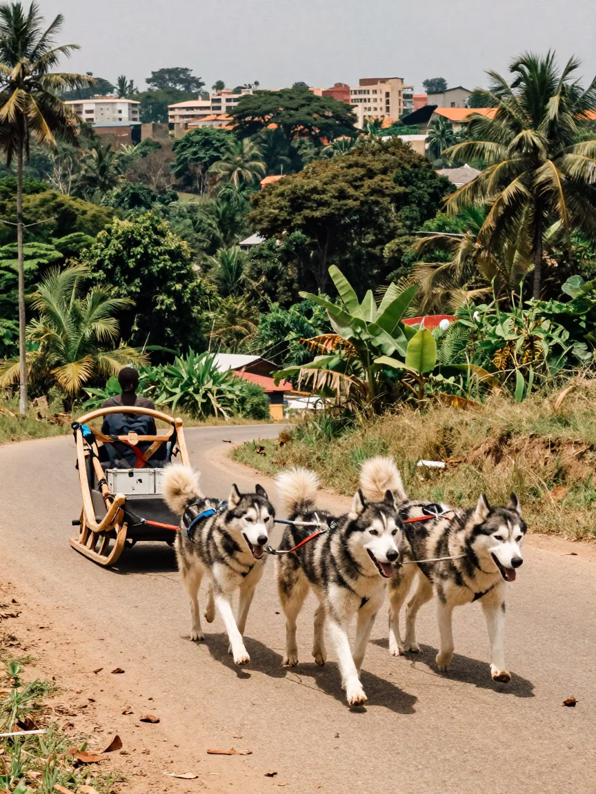Husky Sled on Benin City Switchback Path in along a switchback approach near Benin City