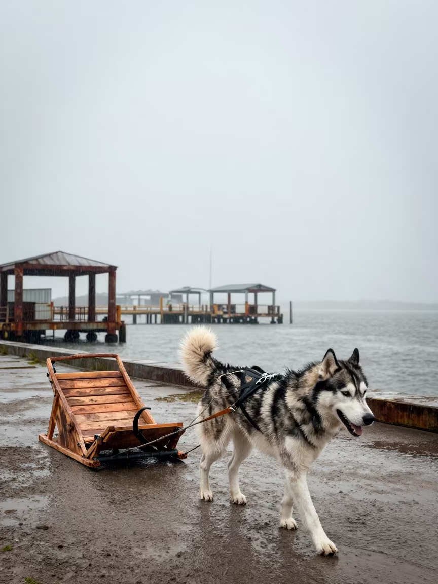 Husky Sled Dog Harborside Monsoon Fog in beside a fogbound harbor mouth in Louisiana