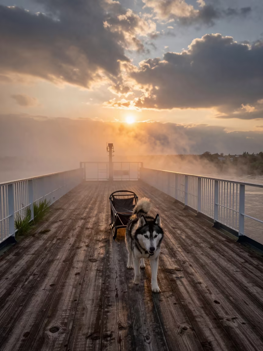 Husky Sled Ferry Crossing Serbia Sunset in across a remote ferry crossing in Serbia