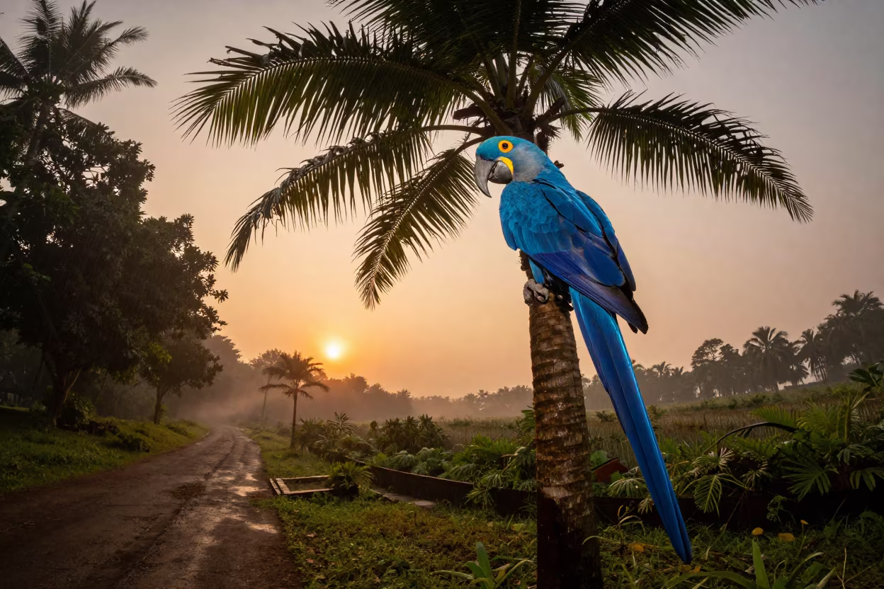 Hyacinth Macaw in Palm Tree at Sunset in along a game trail near Jakarta