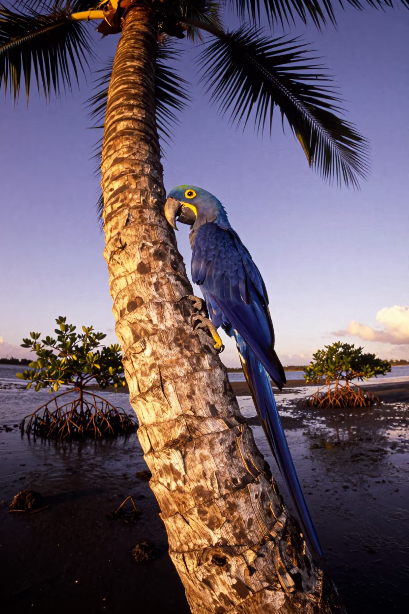 Hyacinth Macaw Perched High in Palm Tree in beside a tidal inlet near Mombasa