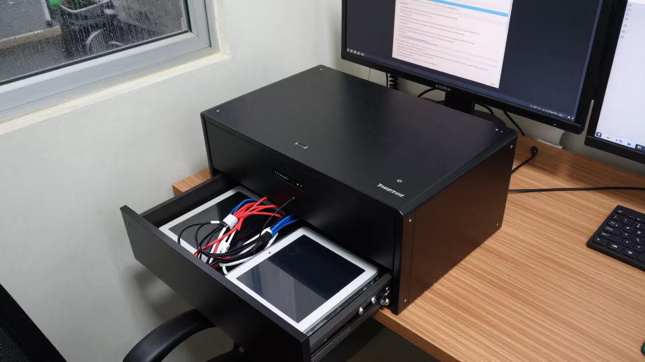 Hybrid Work Loaner Cabinet Desk Lombok in on a writing desk in Lombok