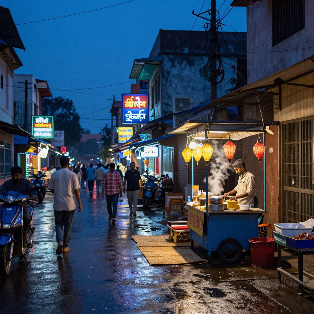 Hyderabad Blue Hour Street Scene with Lantern and Woven Mats in in Hyderabad, India