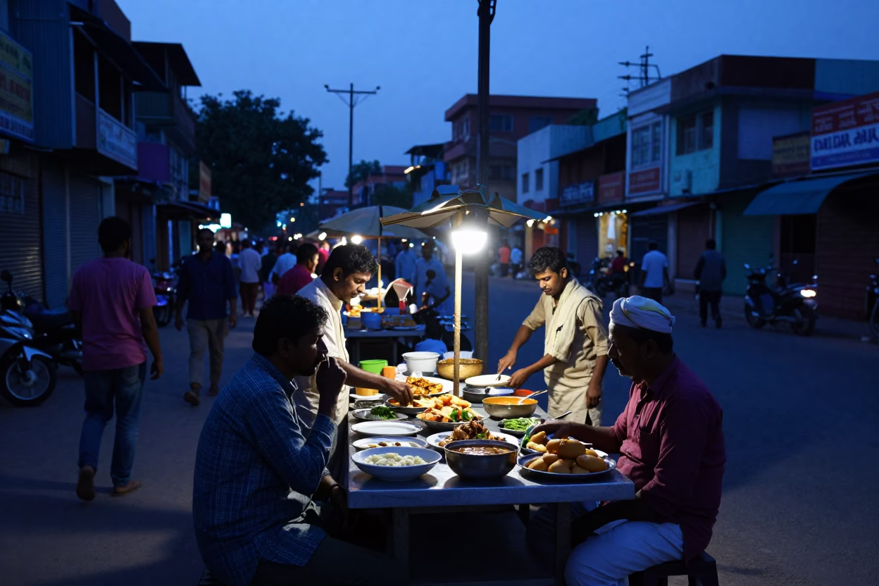 Hyderabad Blue Hour Street Scene with Traditional Food and Local Life in in Hyderabad, India