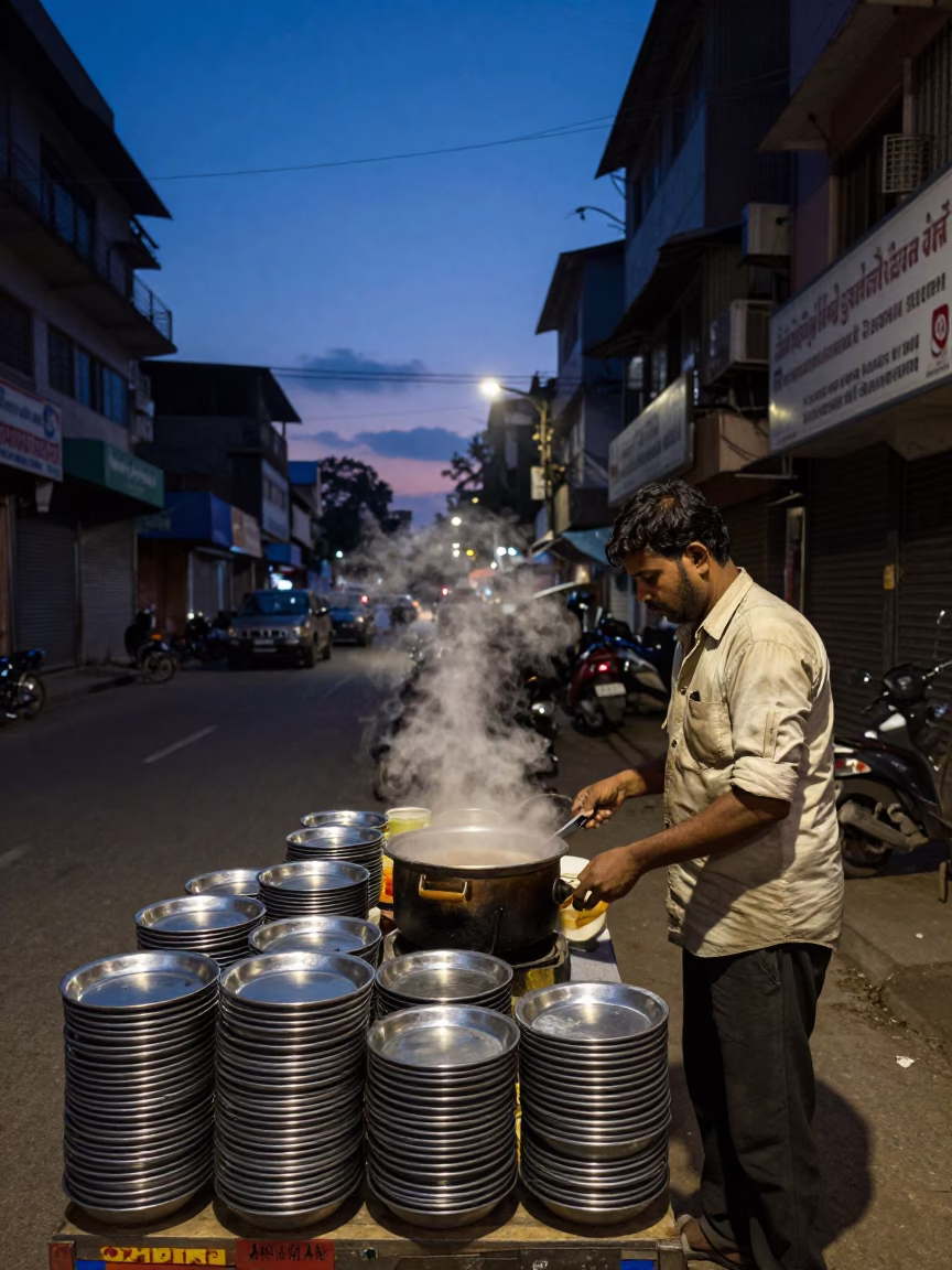 Hyderabad Blue Hour Street Scene with Vendor Saucers and Urban Light in in Hyderabad, India
