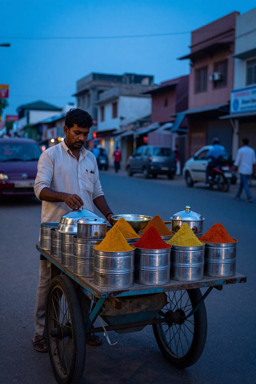 Hyderabad blue hour street scene with vendor spice tins and enamel bowls in in Hyderabad, India
