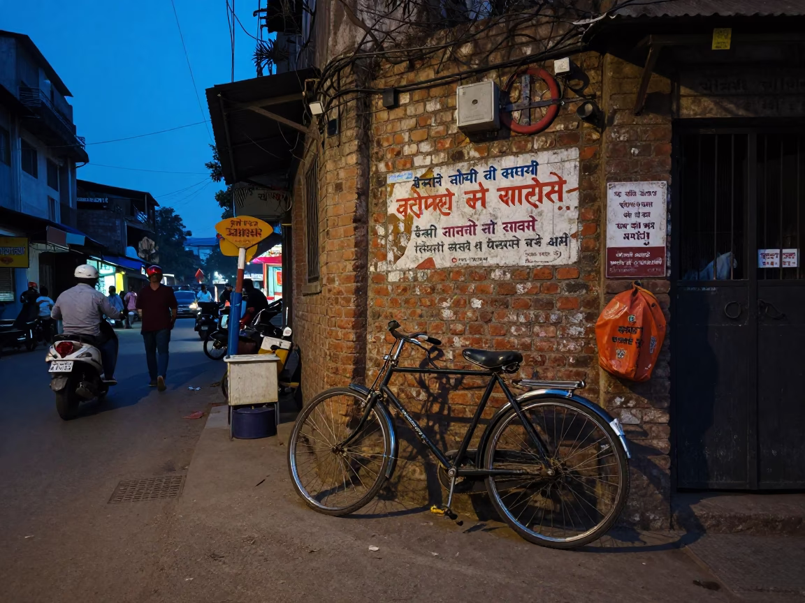 Hyderabad Blue Hour Street Scene with Vintage Bicycle and Local Commerce in in Hyderabad, India