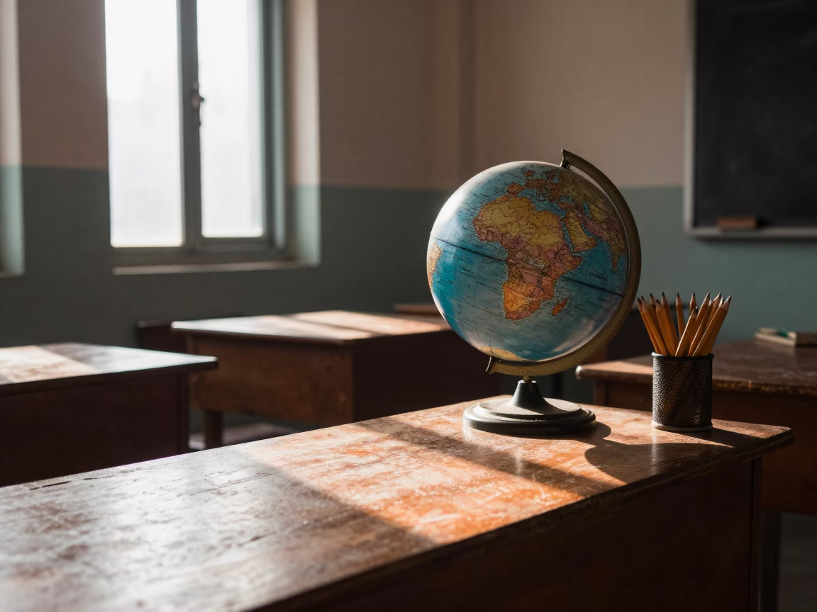 Hyderabad classroom with globe and pencils under dusty afternoon light in in Hyderabad, India
